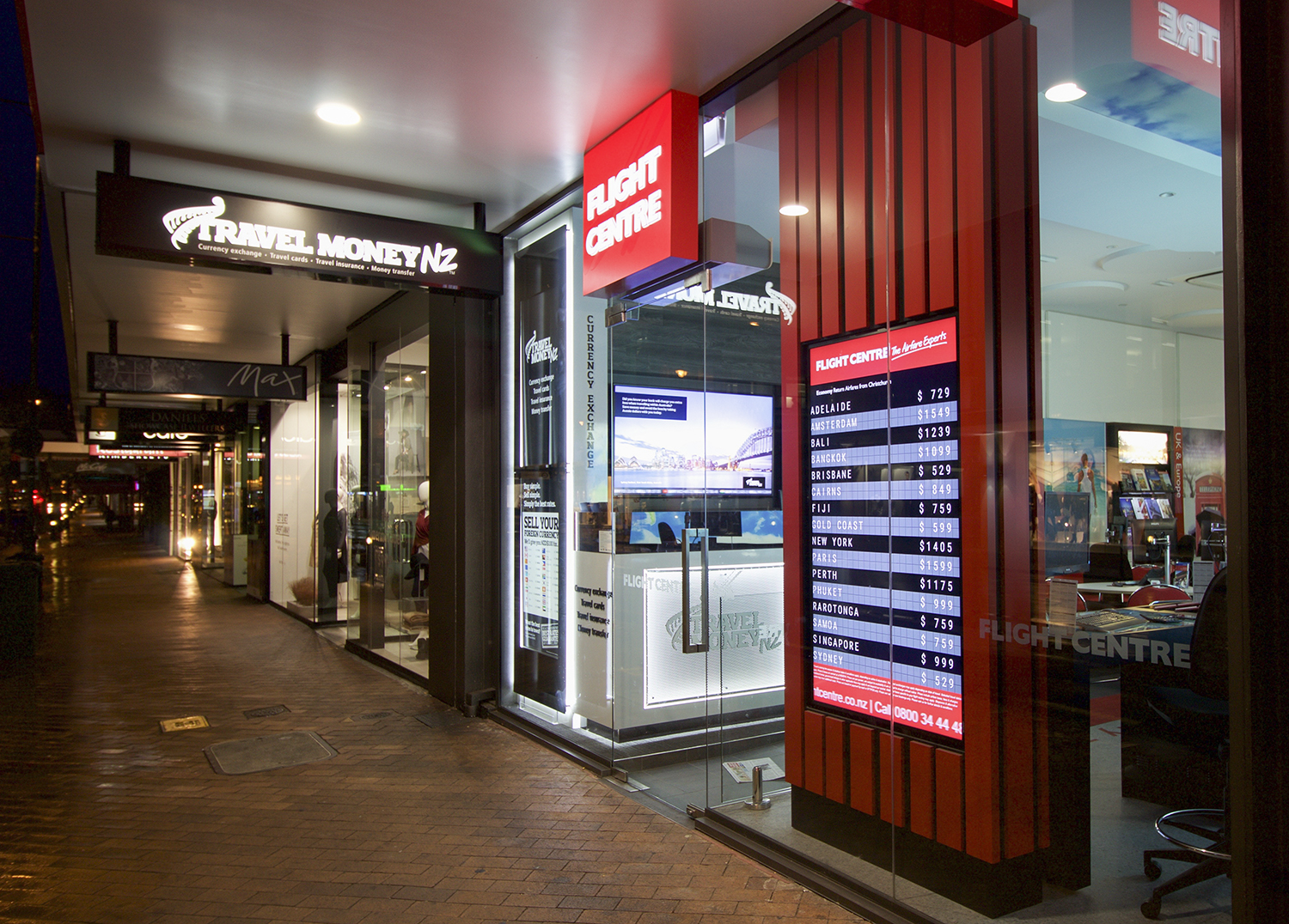 external illuminated signage flight centre dunedin